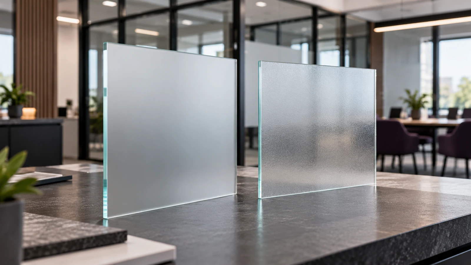 Frosted window film vs etched glass — signage example