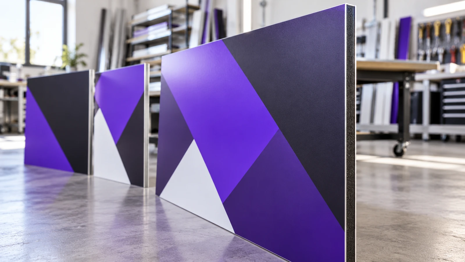 Printed aluminium composite panels with purple and charcoal graphics in a sign-making workshop