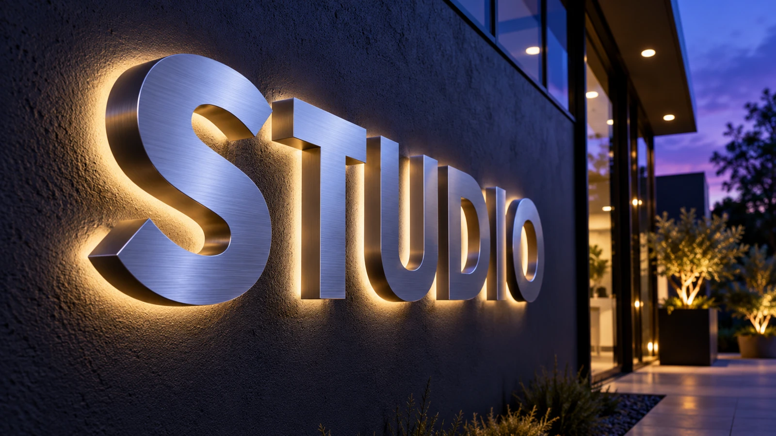Brushed-metal built-up 3D letters with halo lighting on a dark building front