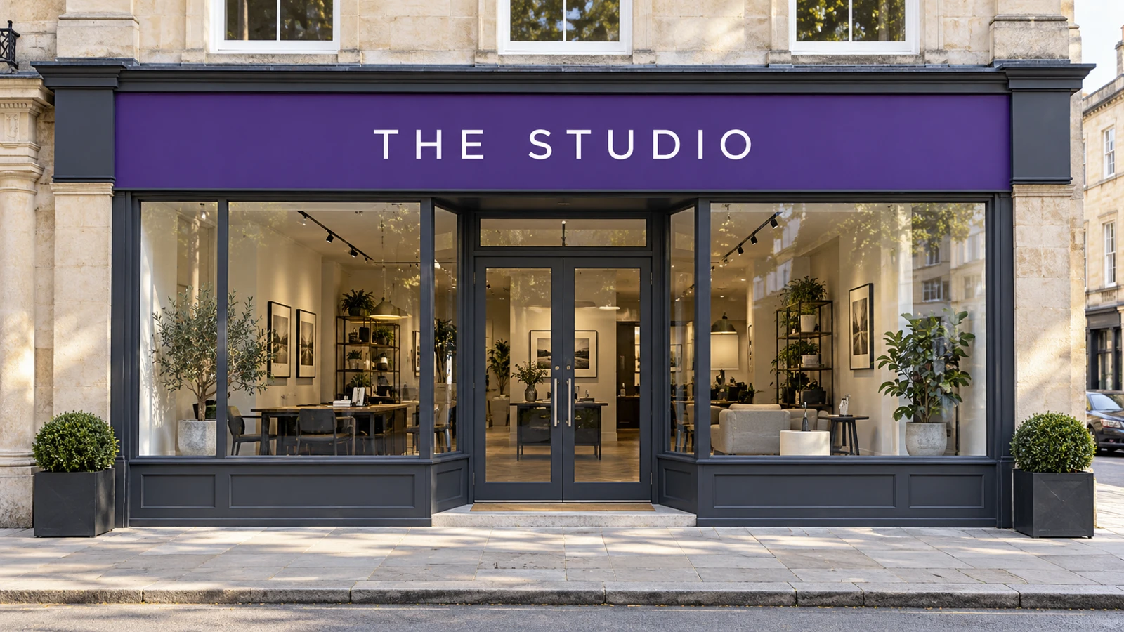 Purple shop fascia sign above a traditional stone shopfront
