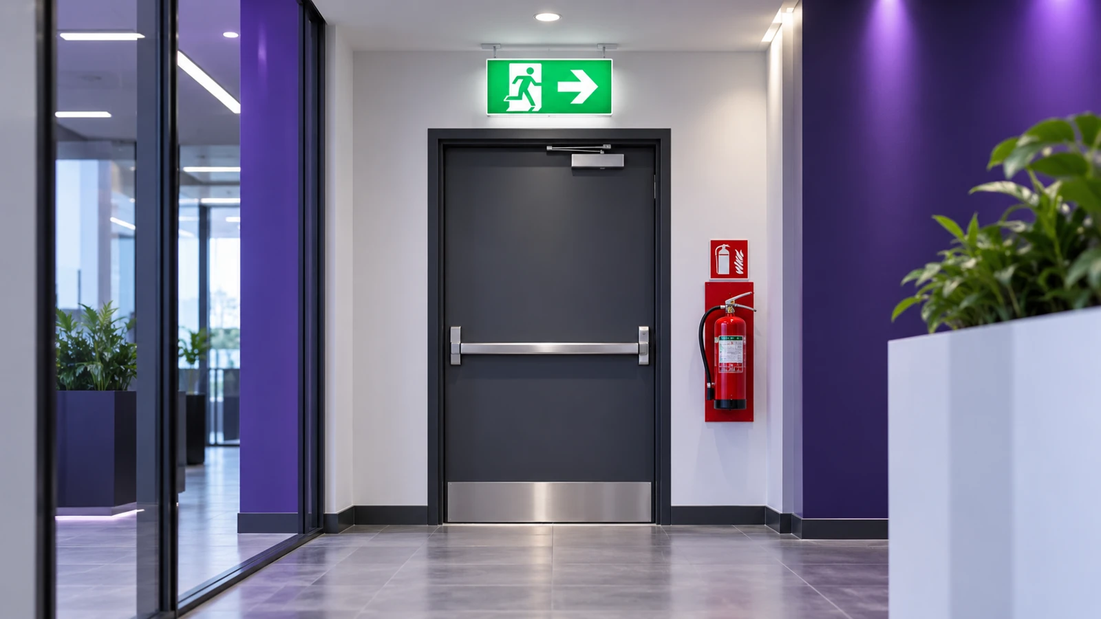 Fire exit sign above an office escape door, with a fire extinguisher and its sign beside it