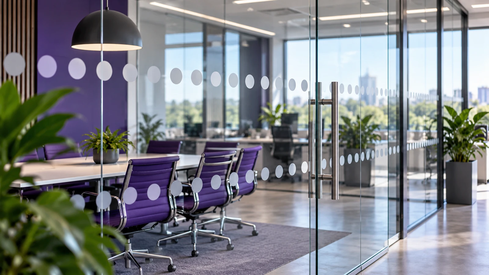Frosted dot manifestation on the glass wall of an office meeting room