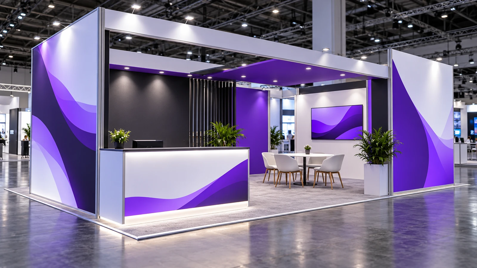 Modular exhibition stand with purple printed panels and a branded counter at a trade show