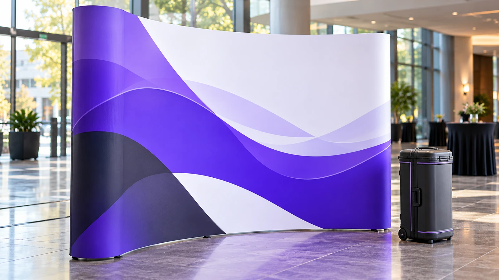 Curved pop-up display with purple wave graphics beside its carry case