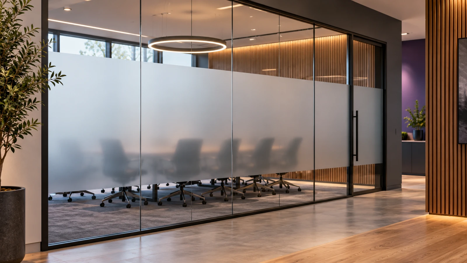 Frosted privacy film across a glass meeting-room partition