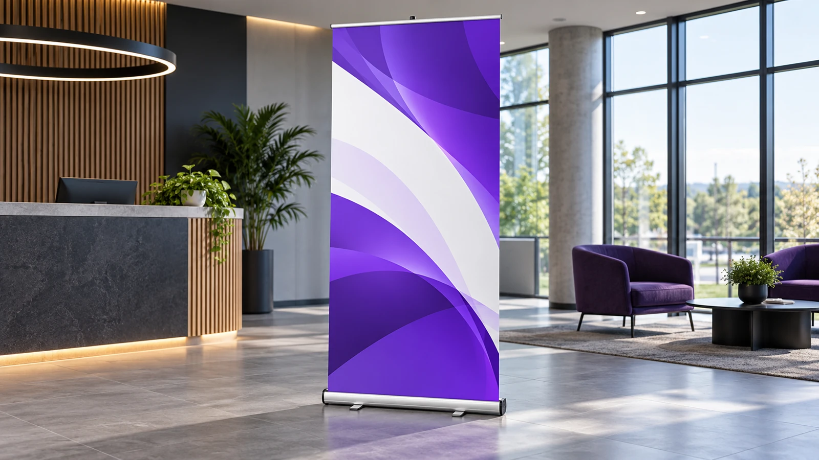 Pull-up banner with purple graphics standing in an office reception