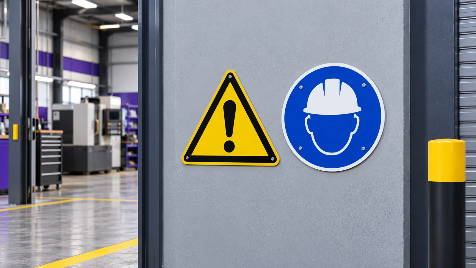 General warning and hard hat safety signs at a workshop entrance