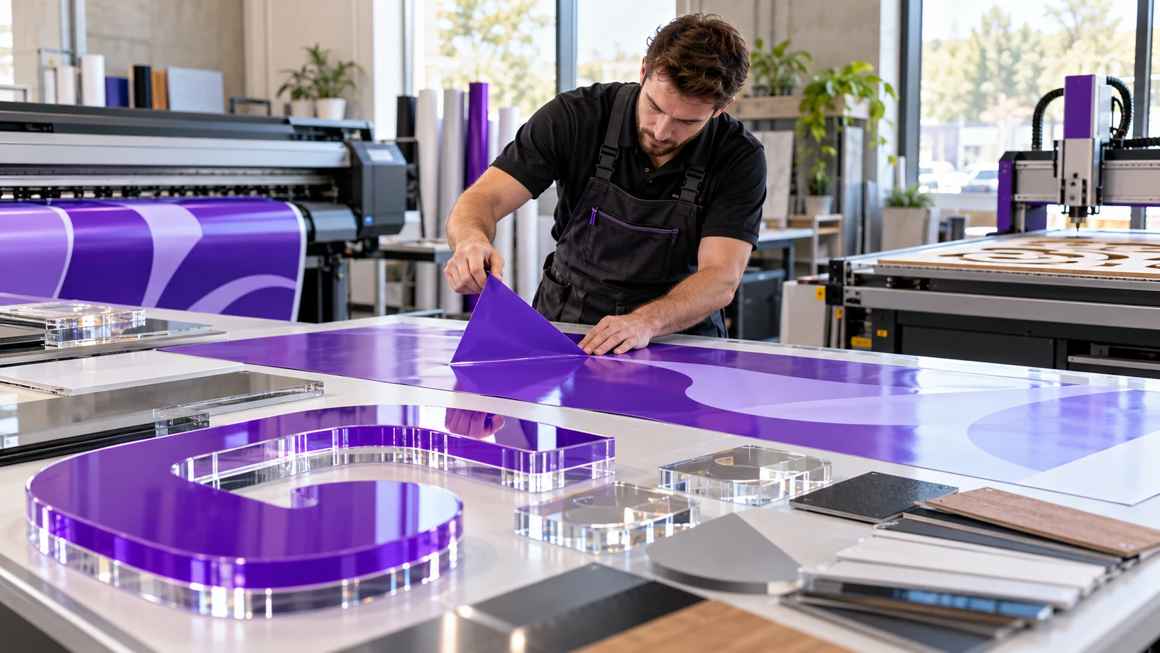 Illustrative signmaking workshop with printing and cutting equipment