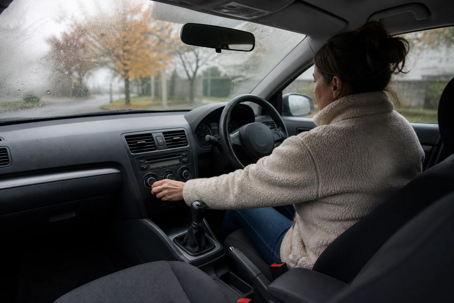 A driver uses the demister on an autumn morning while learning how to stop car windows misting up.